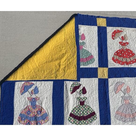 Vintage Parasol Ladies Quilt Hand Stitched Appliqués Blue Border Twin 74”X91” - Picture 3 of 16